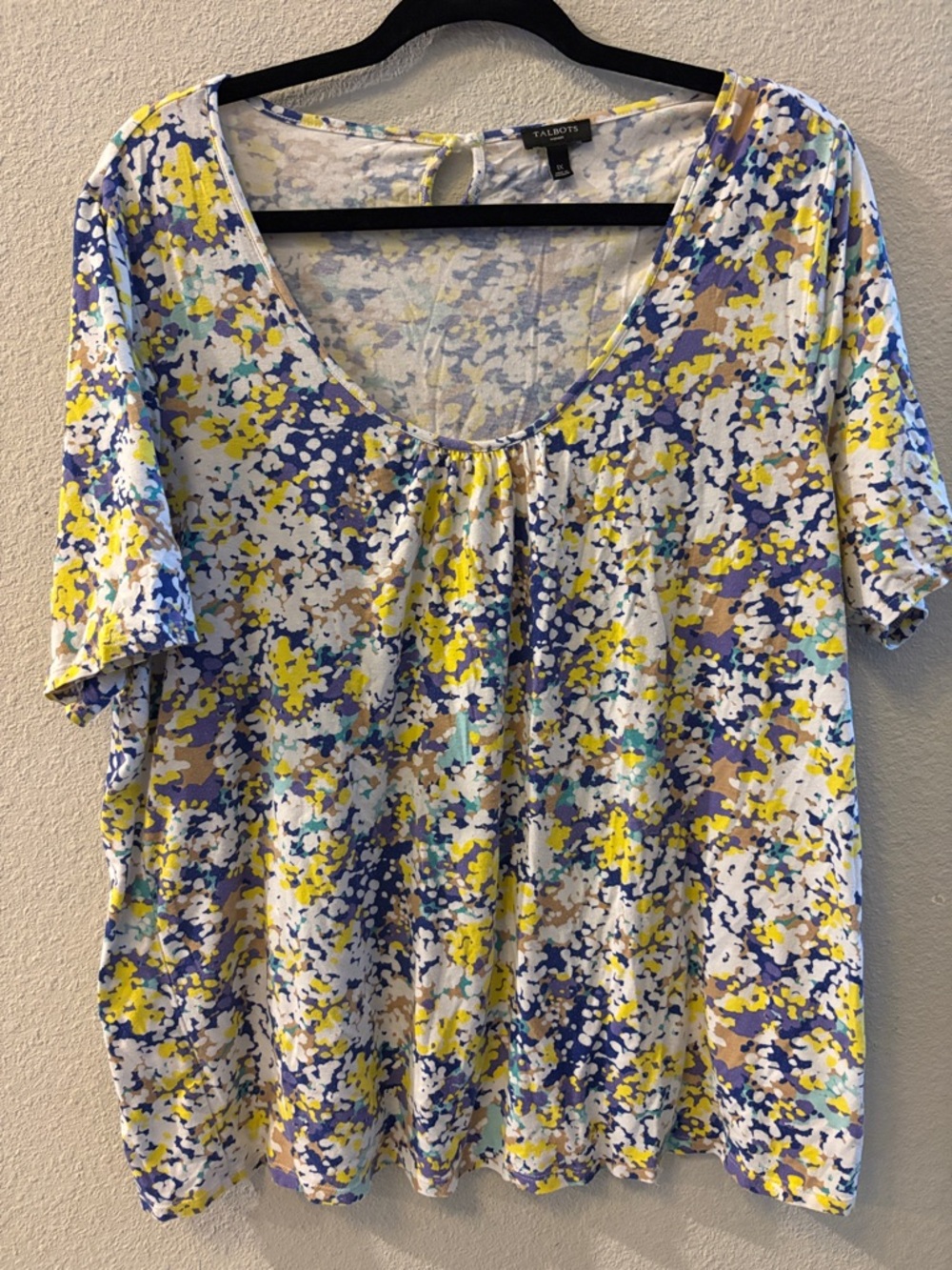 Talbots Yellow, Blue & White Short Sleeve Scoop Neck Printed Top